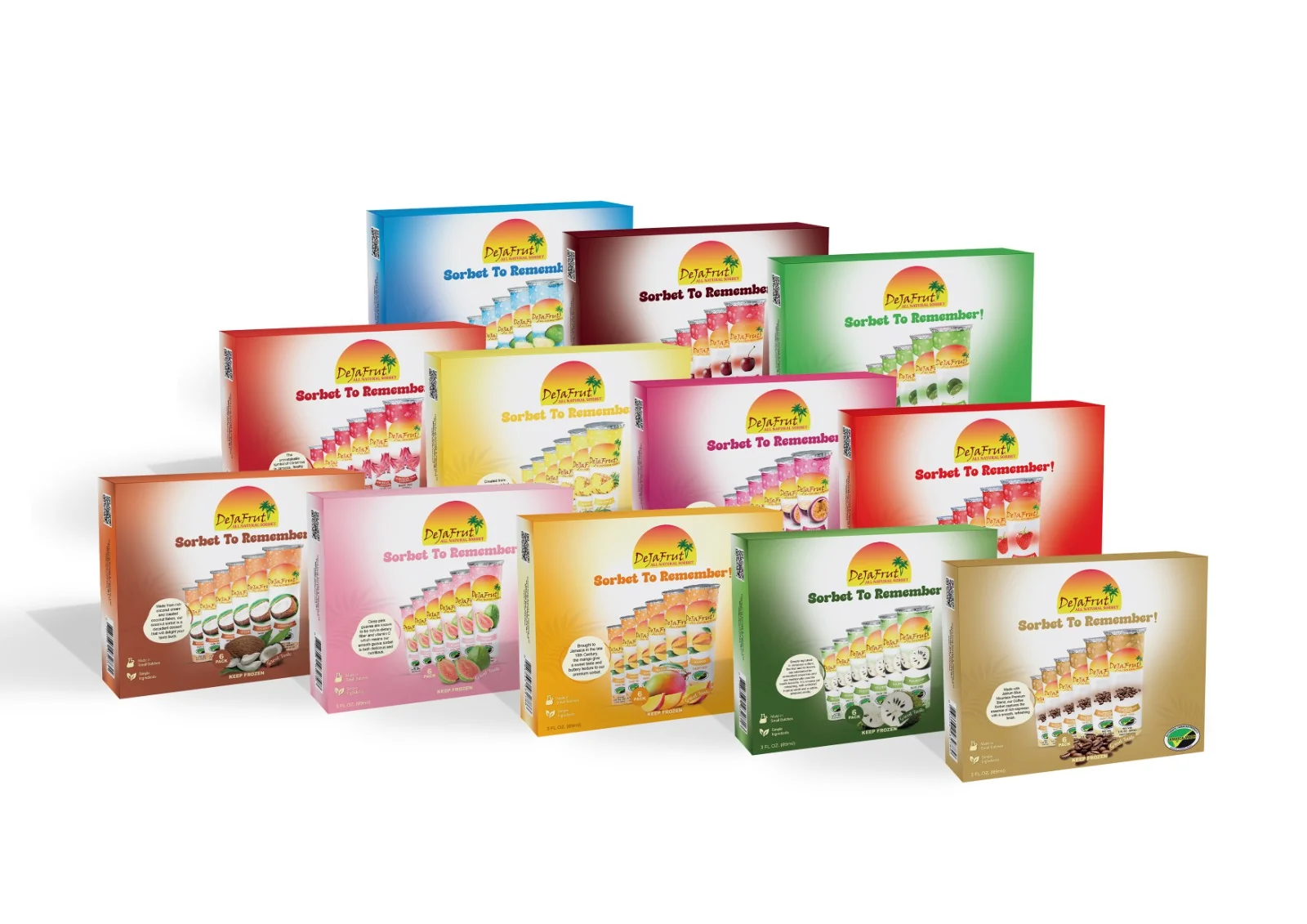 The DeJaFrut retail range: six-pack boxes of Coconut, Guava, Mango, Pineapple, Soursop, Key Lime, Strawberry, Passion Fruit, Hibiscus Tea, June Plum, Black Cherry and Blue Mountain Coffee sorbet.